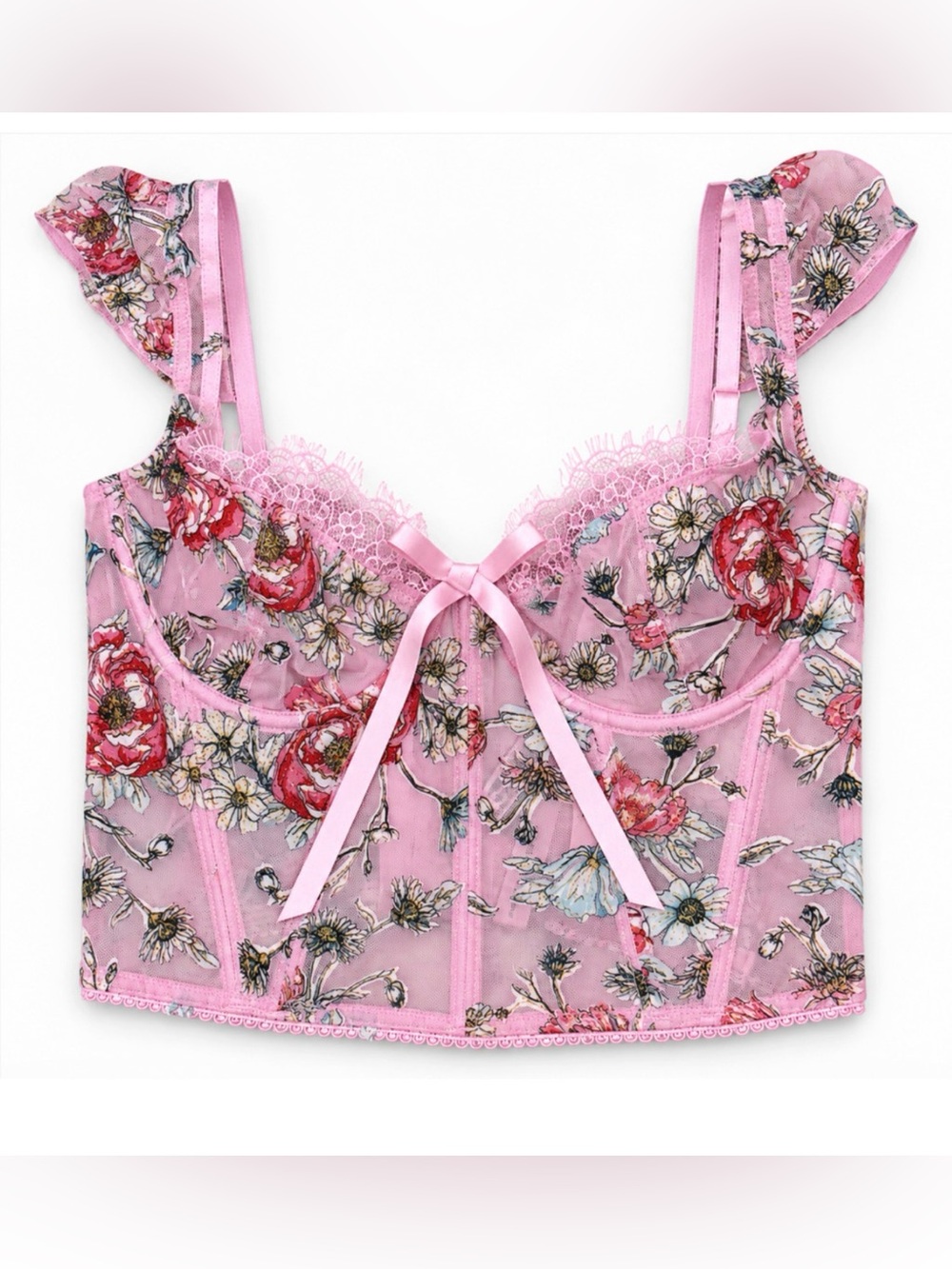 VICTORIA'S SECRET DREAM ANGELS PINK APPLIQUE FLORAL BUSTIER BRA CORSET TOP XS